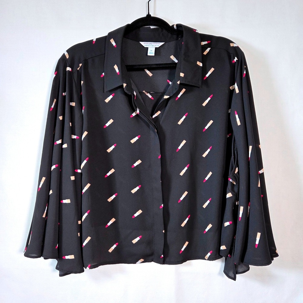 Modern Lipstick Print Cropped Bell Sleeve Blouse 2X Art to Wear Flowy Summer Top